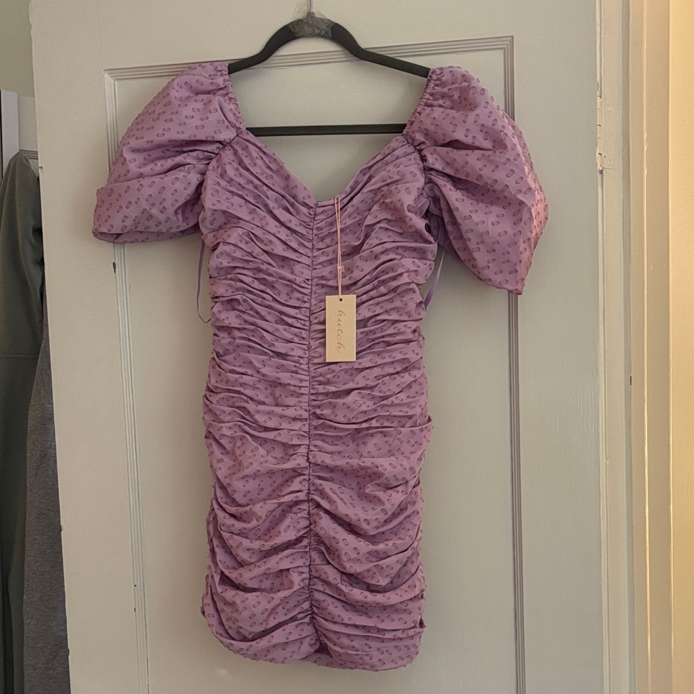 NWT Hutch Wren Lilac Ruched Mini Dress with Puff Sleeves